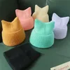 Casual Knitted Hat for Women Winter Cute Meow Kitty Woman Warm Wool Cap Handmade Knit Beanie Black Yellow Beige Pink 211119