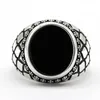 Cluster Rings Men's Turkey Jewelry Silver 925 Ring With Natural Black Onyx Stone Fish Scales Pattern Turkish To Wife Husband Gift