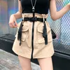 Uma linha zíper mulheres mini cargas saias bolsos faixas bodycon sólido senhoras short saia verão sexy preto cáqui bonito feminino 210730