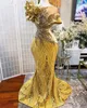 2022 Plus Size Arabic Aso Ebi Gold Luxurious Sparkly Prom Dresses Beaded Crystals Stylish Evening Formal Party Second Reception Gowns Dress ZJ330