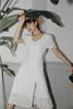 Puff Sleeve Striped White Summer Dress Women A Line Tunic Square Neck Short Ladies With Slit 210427
