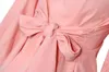 Женщины Новая Мода Розовый Шифон Ширт Сладкий Бантина Бандаж О-Шеи Фонарь Рукава Повседневная Рубашка Пульс Размер Праздник Блузка Топы Осень 210412