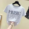 Beading Bling Letter T-shirt Lato Damskie Krótkie Rękawy O Neck Tee Girls Pullover Casual Tops Tees A2874 210428