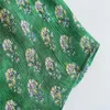 Za Retro Abito lungo verde con stampa floreale Donna Manica corta a sbuffo O Collo Abiti da festa increspati Donna Abito con orlo arricciato Sumemr 210602