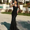 2021 Sirène Noir Dentelle Robe De Soirée Illusion À Manches Longues Sheer Cou Etage Longueur Trompette Occasion Formelle Robe De Soirée De Bal Taille Personnalisée