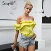 Backless ruffle cold shoulder camisole tank Summer yellow crop top chemise femme Elegant sleeveless women tops cami 210414