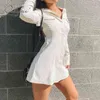 Vårhöst Kvinnor Mini Shirt Långärmad Sexig Backless Short White Dress Streetwear 210415