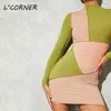 Casual Dresses Color Block Patchwork Knitted Bodycon Dress Mock Neck Long Sleeve For Women 2021 Fall Winter Clothes Sexy Mini