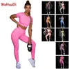 WOHUADI Vêtements pour femmes sans couture Sport Suit Gym Fitness Workout Femme Yoga Set Survêtement Sportswear Crop Top T-Shirt Leggings 210802