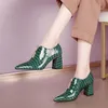 Meotina Genuine Leather High Heel Shoes Women Pointed Toe Fashion Pumps Crystal Zipper Thick Heels Footwear Female Spring Green 210520
