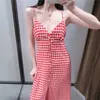 ZA strappy gingham الصيف اللباس المرأة منقوشة أكمام عارية الذراعين مثير حزب فساتين امرأة السباغيتي الأشرطة مصغرة اللباس الأحمر 210602