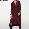 Kobiety Moda Satin Midi Sukienka Kobiet Długie Rękawy Puffowe V Neck Asymmetryczne Hem Chic Dresses Damska Rocznika Robe 210520
