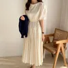 Pleated Long Dresses Puff Sleeve Spring Summer Vestidos De Mujer Korean Vintage Chic A-line Woman Dress 210415