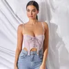 Padded Camsole Two Layers Mesh Crop Top Solid Spaghetti Strap Bowknot Bandage Summer Low Cut Camis Cropped Streetwear 210603