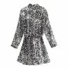 Casual Leopard Shirt Dress Woman Lace up Belt Mini Female Long Sleeve Blouses 210421