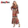 Bohemian Floral Beach Dress V Neck Ruffle Vintage Holiday Chiffon Long Sleeve Boho Maxi For Women 210428