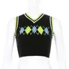 argyle sweater vest crop top women sleeveless knitted sweater pullovers casual streetstyle short club party sweater vest 210415