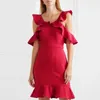 Women Red Dress Evening Party Ruffles Sexy Dinner Clubwear Backless Plus Size Ladies Slim Tunics Elegant Tight Spring Robes 210416