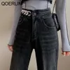 Stylish Metal Chain Jeans Women Winter Fleece Denim Pants Plus Size Straight-Leg Black High-waisted Velvet 210601