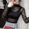 Autumn Lantern Sleeve Black and White Mesh Short Top Fashion Sexy Lace Bottoming Blouse Women Blusas Chemisier Femme 12073 210521