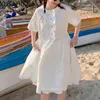 甘い花のポケットの女性のドレスのフリルパッチワーク韓国のOネック半袖獣姦夏のドレス6h248 210603