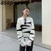 O Neck Puff Long Sleeve Black Grey Color Contrast Striped Pullovers Knitted Sweater Women Loose Knitwear Jacket Retro Chic Pull 210429