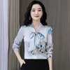 Camicetta di seta coreana Camicie da donna in raso floreale Camicie da donna con stampa leopardata Camicia con fiocco taglie forti 5XL 210604