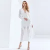 Sexy Party Perspective Dress Pour Femmes Col En V À Manches Longues Taille Haute Mince À Volants Blanc Mesh Robes 210520