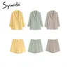 Syiwidii 2個のオフィスショートパンツとブレザーセットビジネス女性夏の韓国の衣装ショートセット緑の黄色い灰色210417