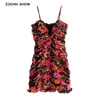 Sexy Flower Print Dropped Ruched Backless Sling Dress Retro Woman Deep V neck Package Hips Spaghetti Strap Mini Party 210429