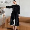 Autumn Striped Long Ruffle Dress Women Sleeve Asymmetrical Ladies Midi Vintage Japanese Clothes 210427