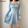 Neploe Lace Up Backless Dress Women Fashion Square Collar Flare Sleeve Klänningar Femme Sommar Elegant Slim Fit Vestidos 1c789 210423