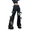 Weiyao Eyelet Buckle Black Punk Goth Jean Fashion Woman Techwear Dark Academic Print E Girl Cargo Pants Lage Taille Denim broek Y220311