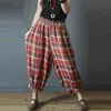 Estilo de artes de verano Mujeres Cintura elástica Tobillo Longitud Pantalones a cuadros sueltos Vintage Algodón Lino Casual Harem Plus Tamaño M200 210512