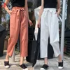 Lente zomer katoen harembroek vrouwen boog lace up effen elastische taille casual Koreaanse zoete meisjes akkle lengte lange broek 210510