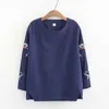 Casual Langarm Lose T-Shirt Plus Größe 4X Harajuku Oansatz Frühling Pullover Weibliche Stickerei Baumwolle Leinen Tops Für Frauen Y0621