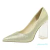 Dress Shoes 2021 Plus Size 43 Women Block 10cm High Heels Lady Green Satin Pumps Female Wedding Yellow Blue Silk Transparent 2021