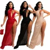 Vestidos casuais mulheres lantejoulas um ombro inclinado pescoço bodycon maxi vestido sexy festa clube alto slit longo vestidos longos