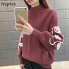 Neploe Elegant Chic Embroidery Pattern Lantern Sleeve Tops Autumn Winter Knitted Women Sweater Casual Turtleneck Pullover 210423