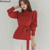 한국어 니트 터틀넥 풀오버 스웨터 여성 가을 ​​겨울 퍼프 슬리브 레이스 업 패션 캐주얼 여성 탑 스웨터 210518