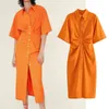 Button-up Drapierte Kleider für Frauen Sommer Elegantes weibliches Midi-Hemdkleid Vintage Kurzarm Seitlicher Reißverschluss Chic Modekleid 210422