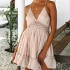 Sexy Dentelle Backldresses Femmes Summer Spaghetti Strap Col V Boho Mini Mini Doufemale Solid SterveelEgant Plage Dress Dress X0529