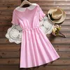 Preppy Style Summer Kawaii Kvinnor Klänningar Peter Pan Collar Striped Ropa Mujer Kortärmad Brev Tryckt Linne Elegant Klänning 210520