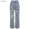 Macheda High Waist Loose Jeans Clothes Women Casual Blue Denim Streetwear Ripped Hole Trousers Lady Fashion Straight Pants 2020 H0908