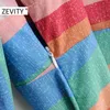 Zevity mujeres Vintage cuello en V colorido rayas estampado Patchwork arco fajas Midi Vestido femenino vacaciones estilo Chic Vestido DS4591 210603