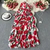 Neploel Holiday Bohemian Print Kleid Frauen Hohe Taille Hüfte Schärpen Asymmetrische Vestidos Sommer Langarm Robe Mujer 210510