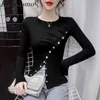 Kimutomo T-shirt manica lunga irregolare Spring Chic Fashion Ladies O-Collo Bottoni obliqui Split Slim Top Maglieria Elegante 210521