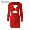 Missakso Sexy évider robe midi club à manches longues élégant col en V profond fête dos nu solide froncé femmes automne robe moulante 210625