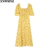 Vrouwen chic geel bloemen print midi jurk vrouw retro kant split vestidos vierkante kraag meisje zomer es gewaad 210520