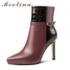 Botas cortas Zapatos de mujer Cuero genuino Super High Heel Ladies Punta puntiaguda Hebilla delgada Tobillo Vino Rojo 210517